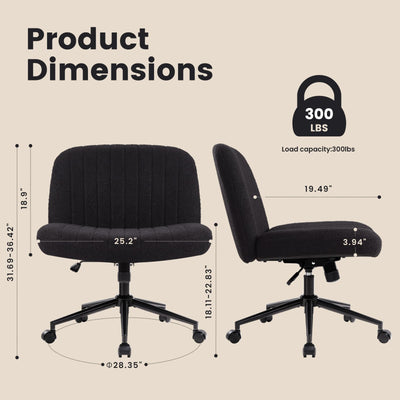 Criss Cross Chair Cross Legged Office Chair with Wheels Armless Wide Seat Desk Chairs Height Adjustable Computer Task Chairs Swivel Vanity Chair for Home Office Bedroom Make Up Teddy Fabric Black