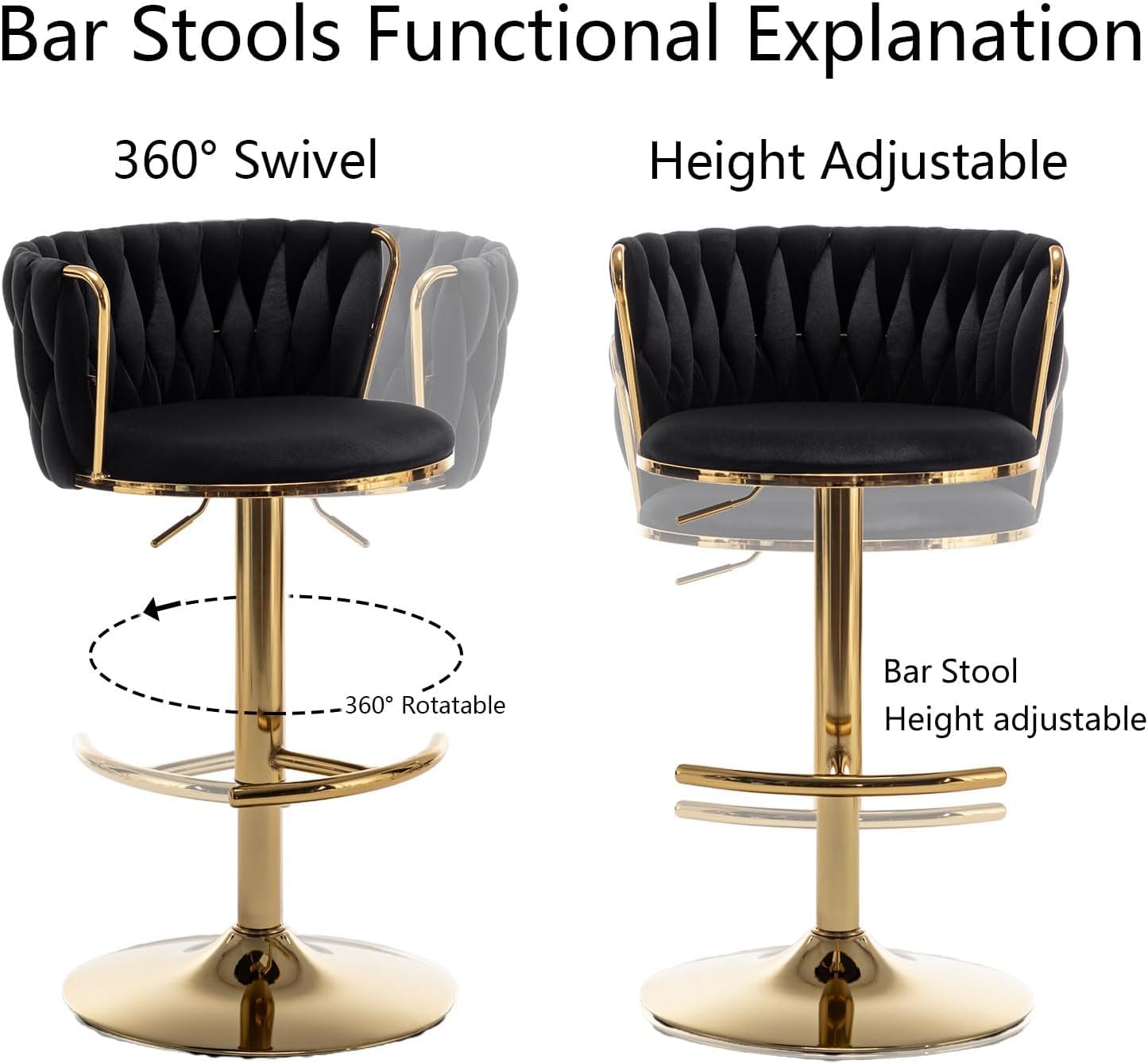 Gold Velvet Bar Stools Set of 3, Swivel Counter Height Bar Stools with Back, Adjustable Woven Barstools for Kitchen Island, Pub, Club (Black)