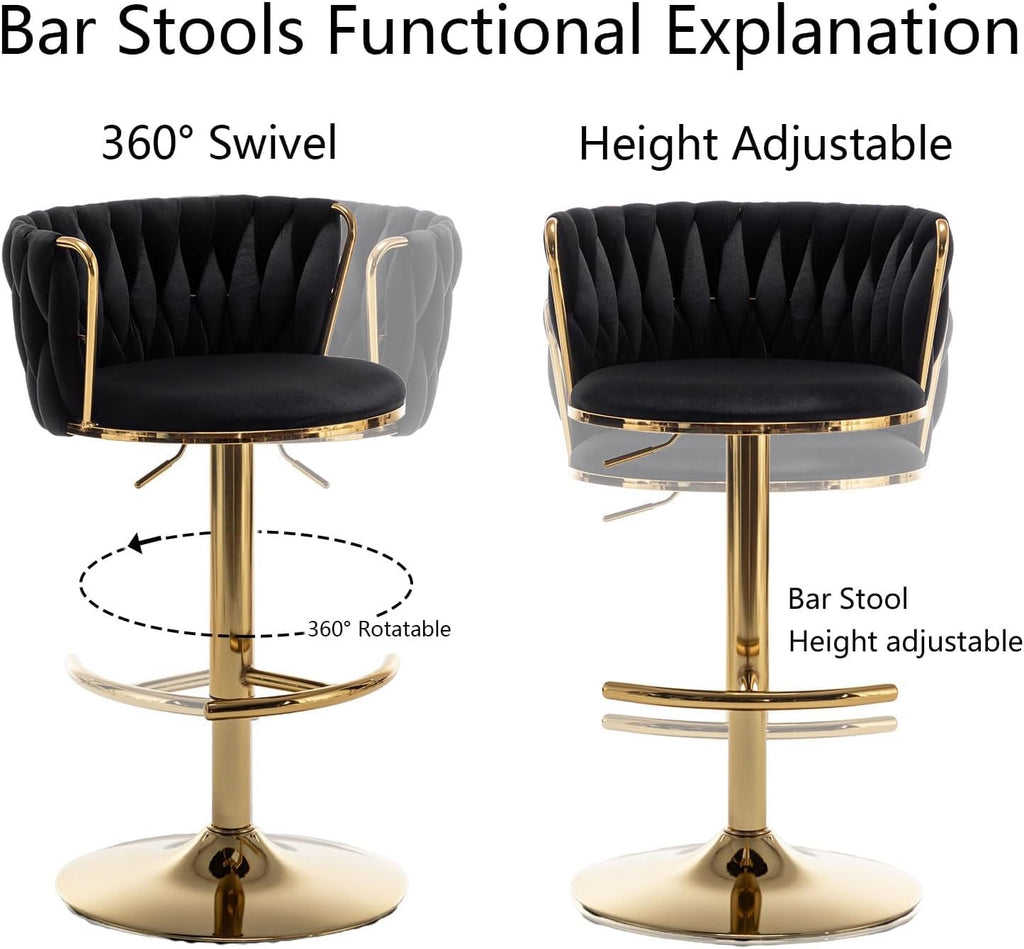 Gold Velvet Bar Stools Set of 3, Swivel Counter Height Bar Stools with Back, Adjustable Woven Barstools for Kitchen Island, Pub, Club (Black)