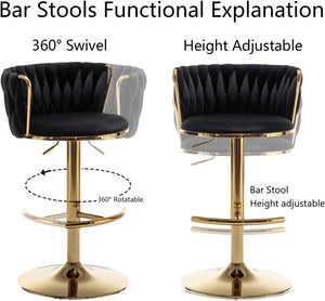 Gold Velvet Bar Stools Set of 3, Swivel Counter Height Bar Stools with Back, Adjustable Woven Barstools for Kitchen Island, Pub, Club (Black)
