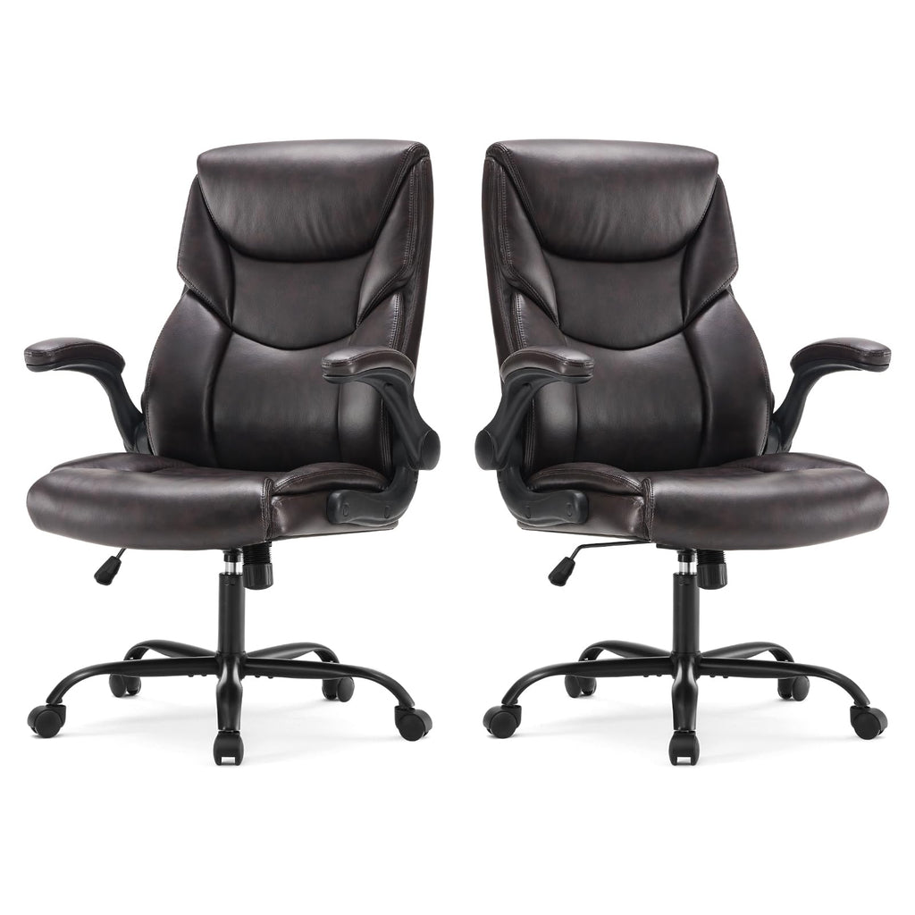 Set of 2, Ergonomic Computer Gaming Office Chair , Heavy Duty Task Desk Swivel Rolling Chairs with Wheels, Flip-up Arms, Adjustable Height, PU Leather,Dark Brown