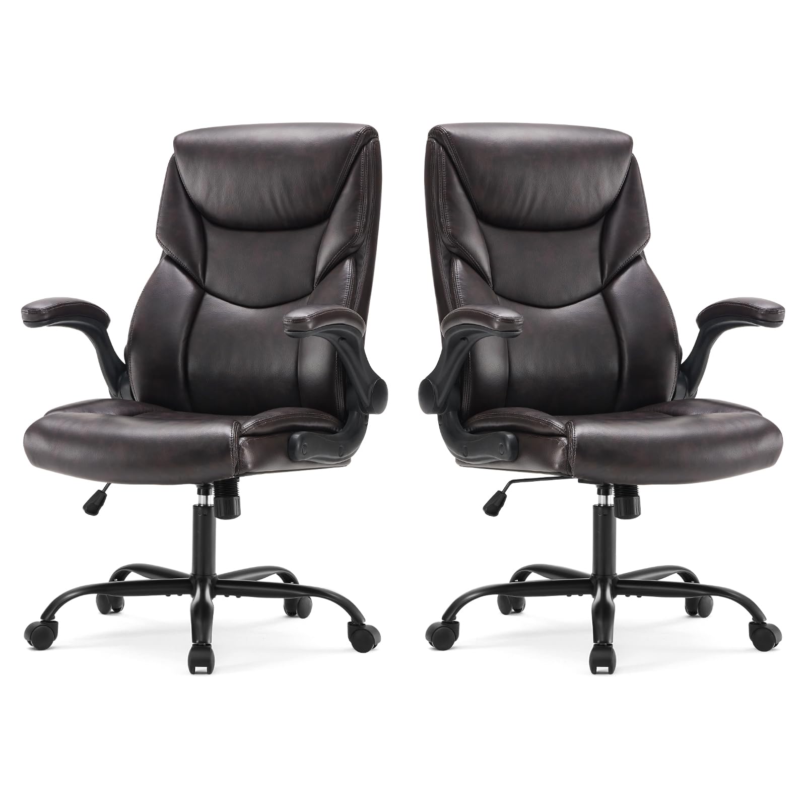Set of 2, Ergonomic Computer Gaming Office Chair , Heavy Duty Task Desk Swivel Rolling Chairs with Wheels, Flip-up Arms, Adjustable Height, PU Leather,Dark Brown