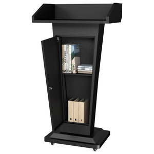 Heavy-Duty Black Metal Podium Stand with Lockable Wheels | Mobile Lectern with Storage Cabinet & Standard 50.4