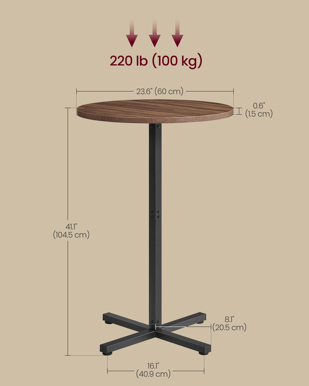 Round Cocktail Table, Set of 2, High Top Bar Pub Table with Metal Frame and Cross Base, for 2-3 People, Modern, Easy to Assemble, 23.6 x 41.1 Inches, Natural Walnut