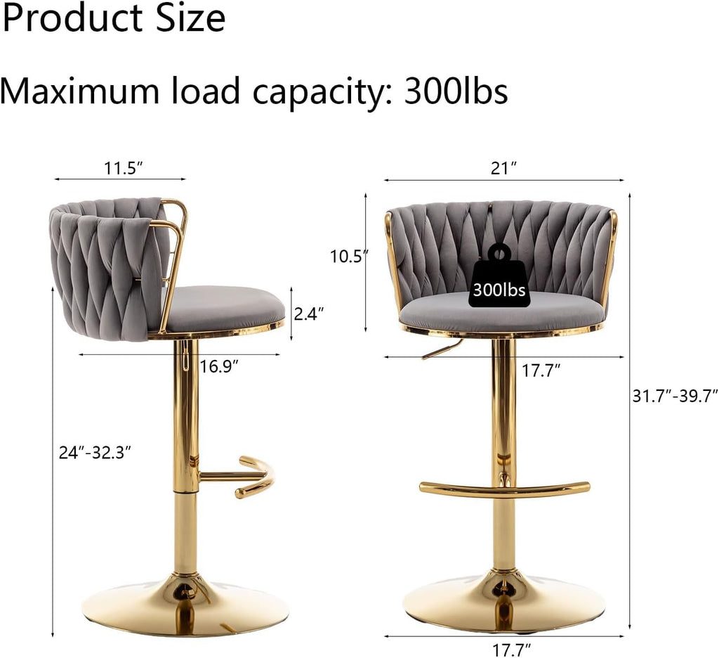 Gold Velvet Bar Stools Set of 3, Swivel Counter Height Bar Stools with Back, Adjustable Woven Barstools for Kitchen Island, Pub, Club (Grey)