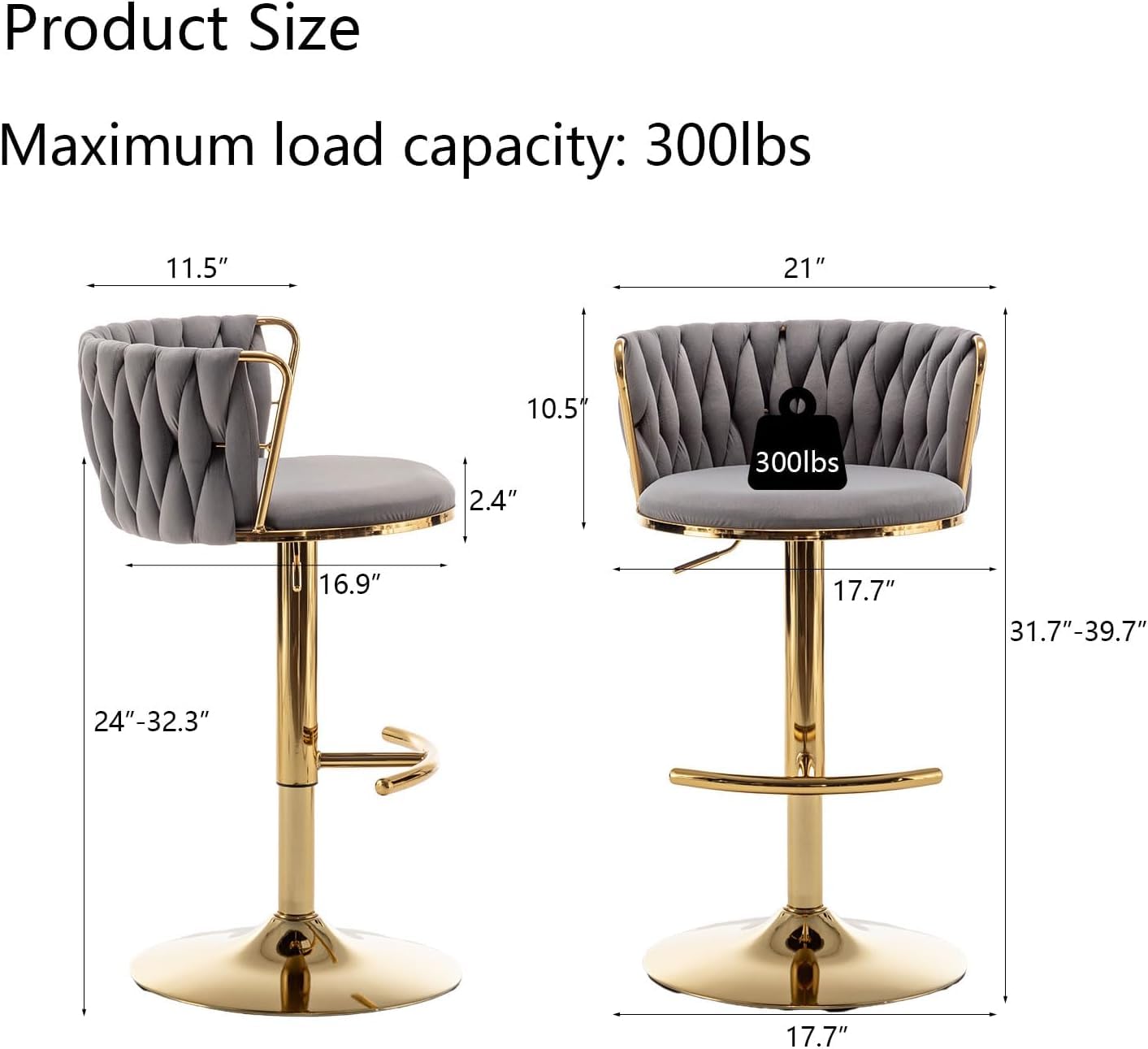 Gold Velvet Bar Stools Set of 3, Swivel Counter Height Bar Stools with Back, Adjustable Woven Barstools for Kitchen Island, Pub, Club (Grey)