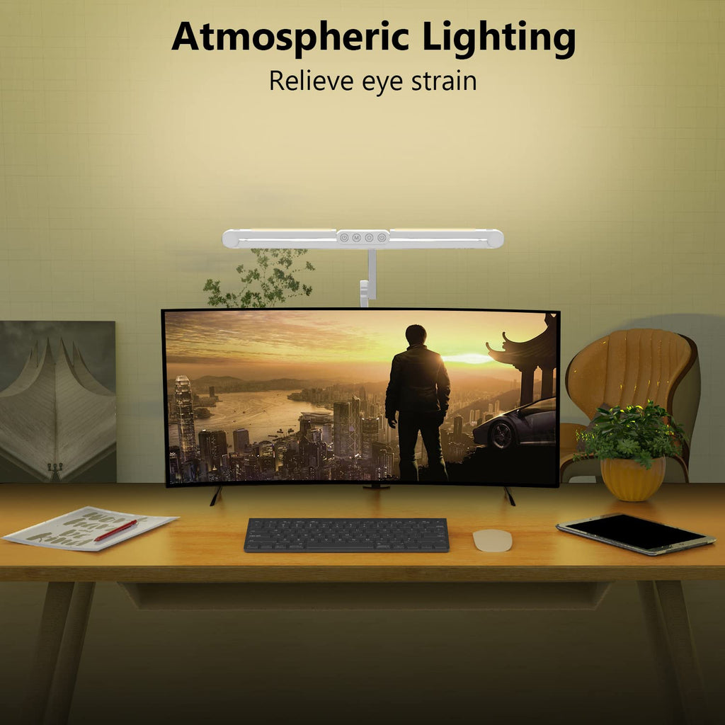 Led Desk Lamp for Home Office, White Architect Desk Lamp with Clamp for Crafting, 24W Bright Rotatable Led Table Light Stepless Dimming Tempering Wide Computer Light with Atmosphere Lighting