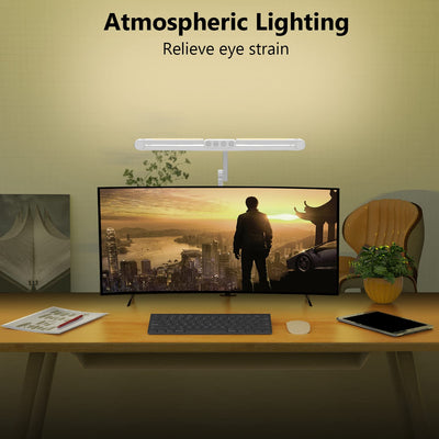 Led Desk Lamp for Home Office, White Architect Desk Lamp with Clamp for Crafting, 24W Bright Rotatable Led Table Light Stepless Dimming Tempering Wide Computer Light with Atmosphere Lighting