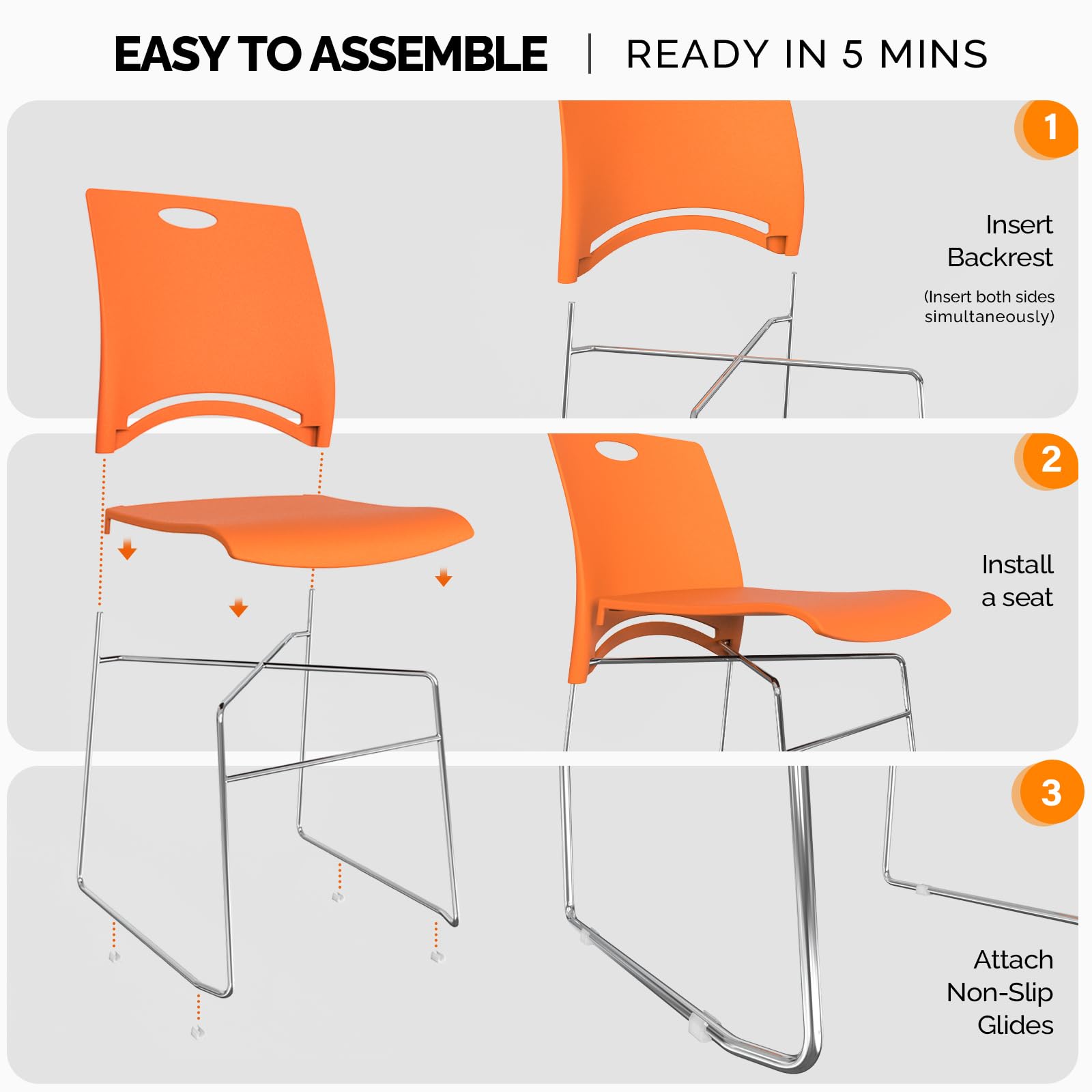 Stacking Chairs Set of 4 Stackable Office Chairs with Metal Sled Base, Ergonomic Plastic Seat, Stacking Chairs for Waiting Room Break Room Banquet Guest, Orange