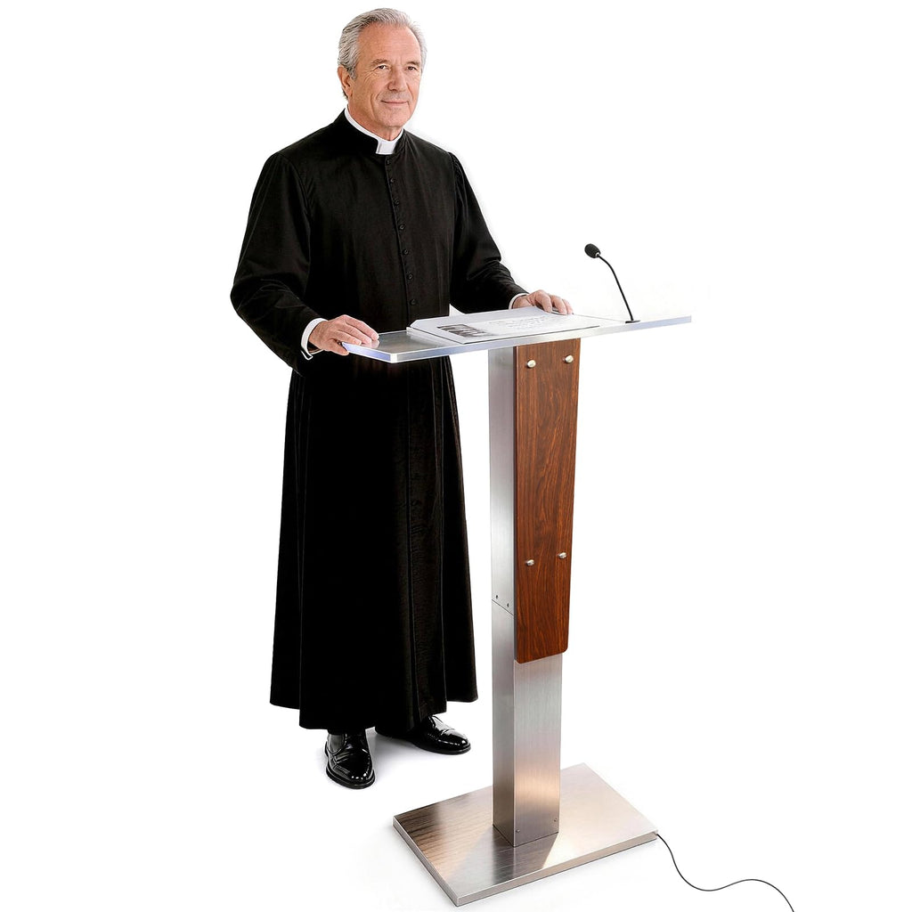 Stainless Steel Podium Stand with Acrylic Reading Surface & Hidden Cable Entry, Professional Modern Podium Stand with Wood Decoration for Church, Podium Stand for Church, Conference, Speech, Wedding
