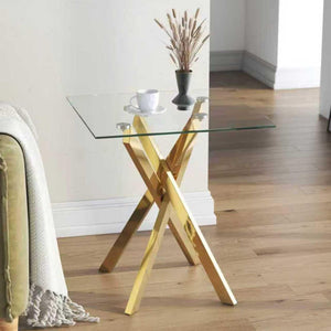 Small Side Table with Chromed Legs, Tempered Glass Square Modern End Table Sofa Table for Living Room Home Office (1, Gold, 20