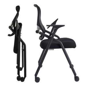 Updated Conference Room Chairs, Folding Office Desk Chair with Lumbar Support and Sliding Armrest with Casters, Stackable Office Guest Chairs & Reception Chairs, 1 Pack Black