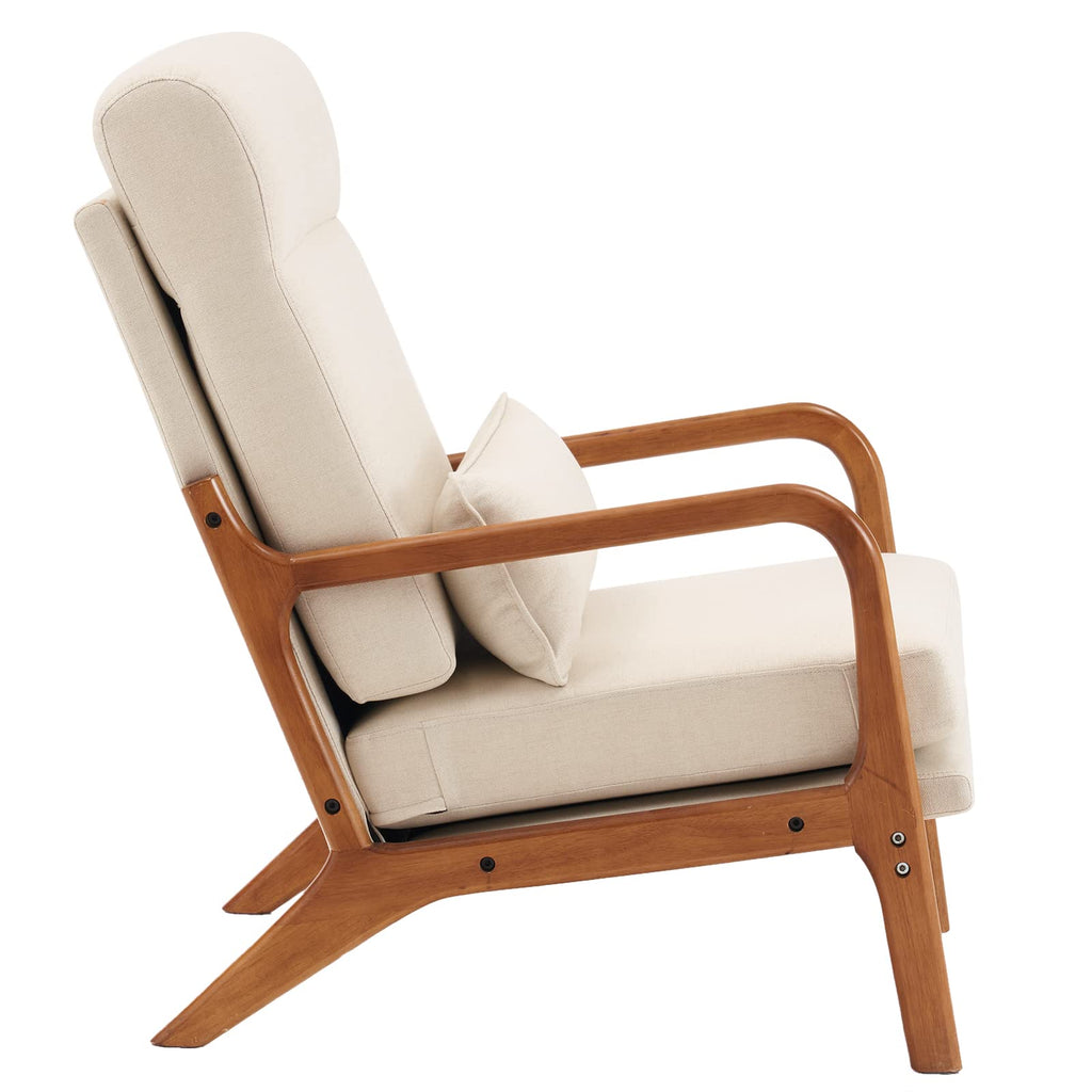 High Back Linen Beige Mid Century Modern Accent Chair, Soild Wood Padding Lounge Armchairs Side Sitting Chairs for Living Room, Bedroom, Guest Room