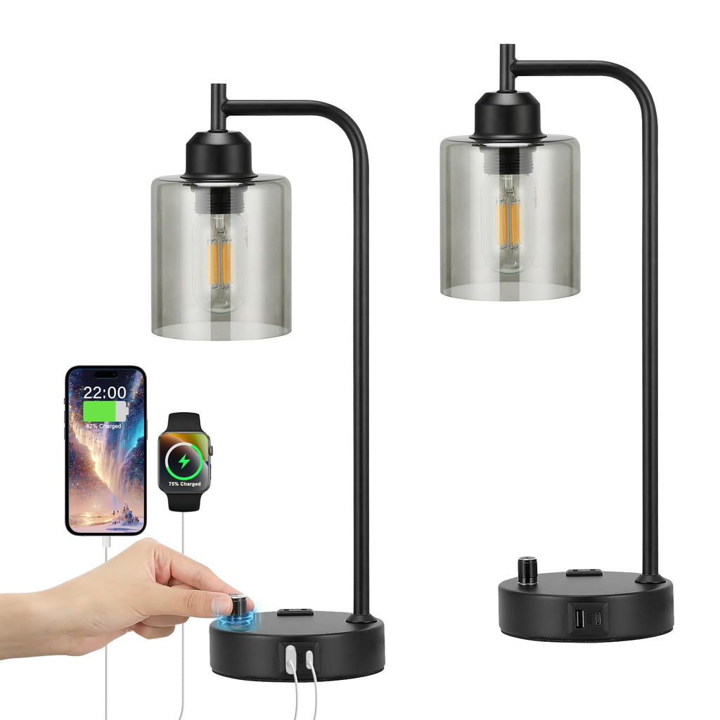 Industrial Desk Lamps for Office Set of 2 - Fully Dimmable Bedside Lamps with USB A C Ports and Outlet, Black Nightstand Lamps with Grey Glass Shade for Living Room, Table Lamps for Bedrooms Reading