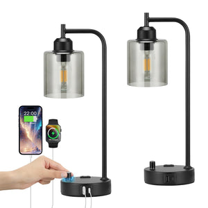 Industrial Desk Lamps for Office Set of 2 - Fully Dimmable Bedside Lamps with USB A C Ports and Outlet, Black Nightstand Lamps with Grey Glass Shade for Living Room, Table Lamps for Bedrooms Reading