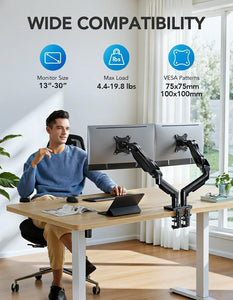 FlowLift™ Dual Monitor Stand, Fully Adjustable Gaming Monitor Desk Mount for 13–30″ Computer Screens, Full Motion VESA 75x75/100x100 with C-Clamp & Grommet Base, Each Arm Holds 4.4 to 19.8 lbs