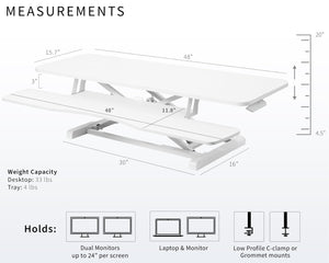 48 inch Desk Converter, K Series, Height Adjustable Sit to Stand Riser, Dual Monitor and Laptop Workstation with Wide Keyboard Tray, White, DESK-V048KW