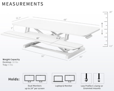 48 inch Desk Converter, K Series, Height Adjustable Sit to Stand Riser, Dual Monitor and Laptop Workstation with Wide Keyboard Tray, White, DESK-V048KW