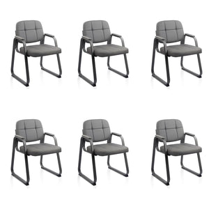 6 Pack, Waiting Room Guest Chair with Bonded Leather Padded Arm Rest for Office Reception and Conference Desk Black with Sled Base Grey