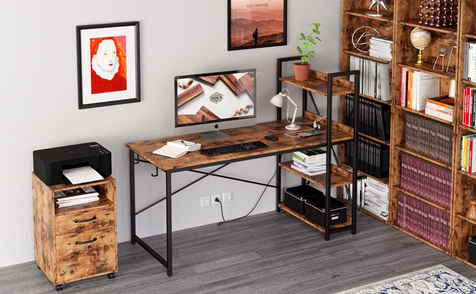 Computer Desk 47" with Power Outlet and Storage Shelves, Study Writing Table with USB Ports Charging Station, PC Desk Workstation for Home Office, Rustic Brown