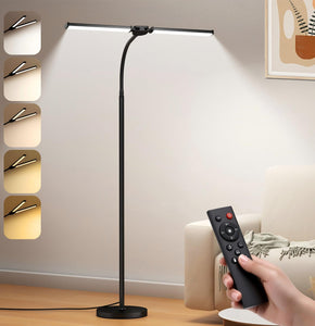 LED Floor Lamp for Living Room, Bright Reading Lamps for Office, Adjustable Colors Temperatures&Brightness, Dual Head Goose-Neck Standing Lamp, Remote and Button Control, Eye Caring Tall Lamp, Black