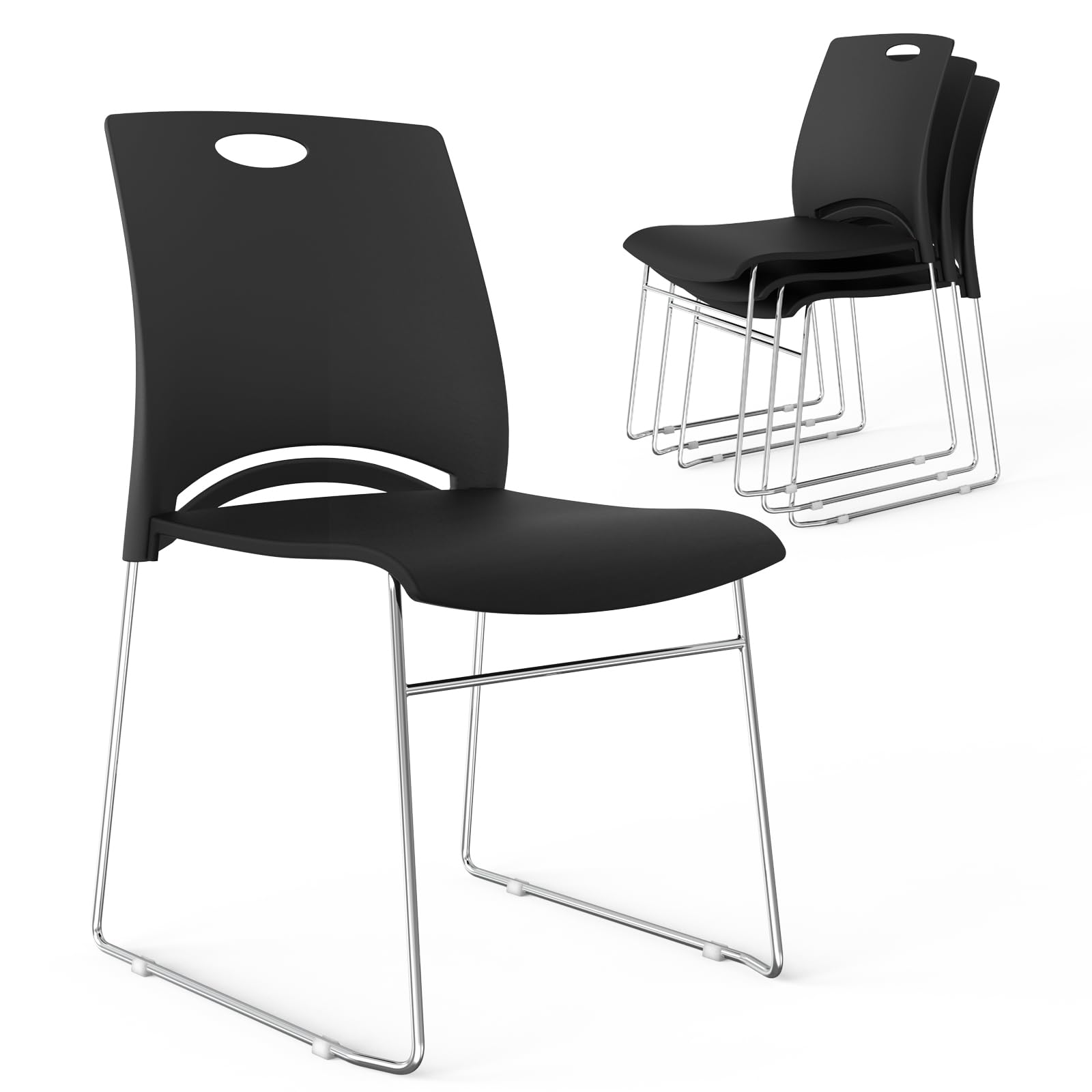 Stacking Chairs Set of 4 Stackable Office Chairs with Metal Sled Base, Ergonomic Plastic Seat, Stacking Chairs for Waiting Room Break Room Banquet Guest, Black