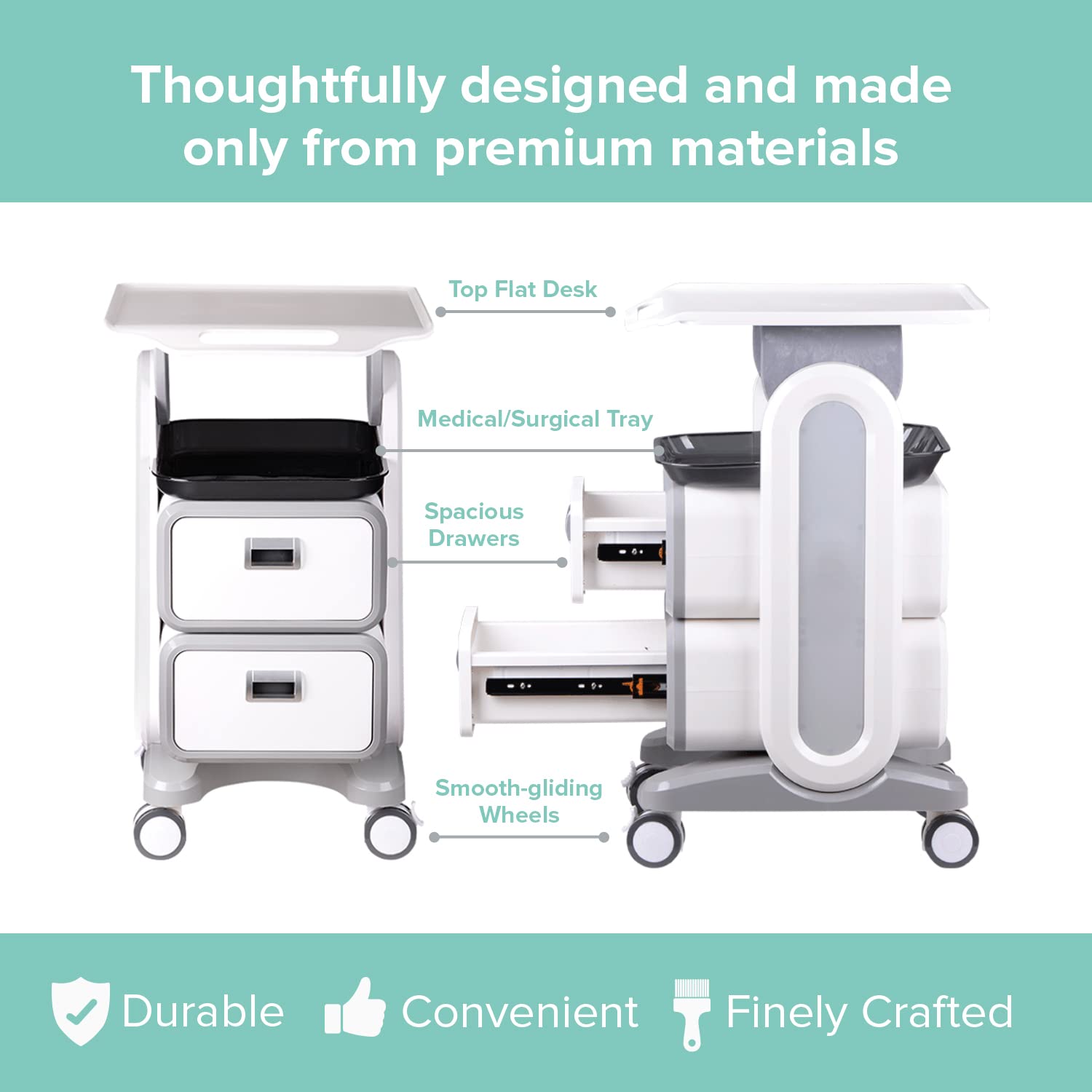 Professional Utility Cart with Wheels - Rolling Dental Office Cart with Drawers - Medical Trolley for Cavitation Machine, Esthetician Supplies, Lab Tools - Salon Trolley
