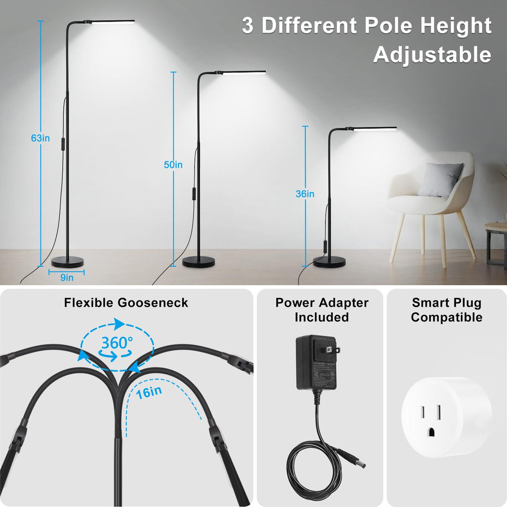 LED Floor Lamp with Remote Control, Bright 18W Floor Lamps for Living Room with Double Head, Adjustable Gooseneck Standing Lamp, Eye Caring Reading Light for Eyelash Extetions Craft Office