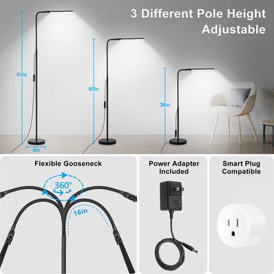LED Floor Lamp with Remote Control, Bright 18W Floor Lamps for Living Room with Double Head, Adjustable Gooseneck Standing Lamp, Eye Caring Reading Light for Eyelash Extetions Craft Office