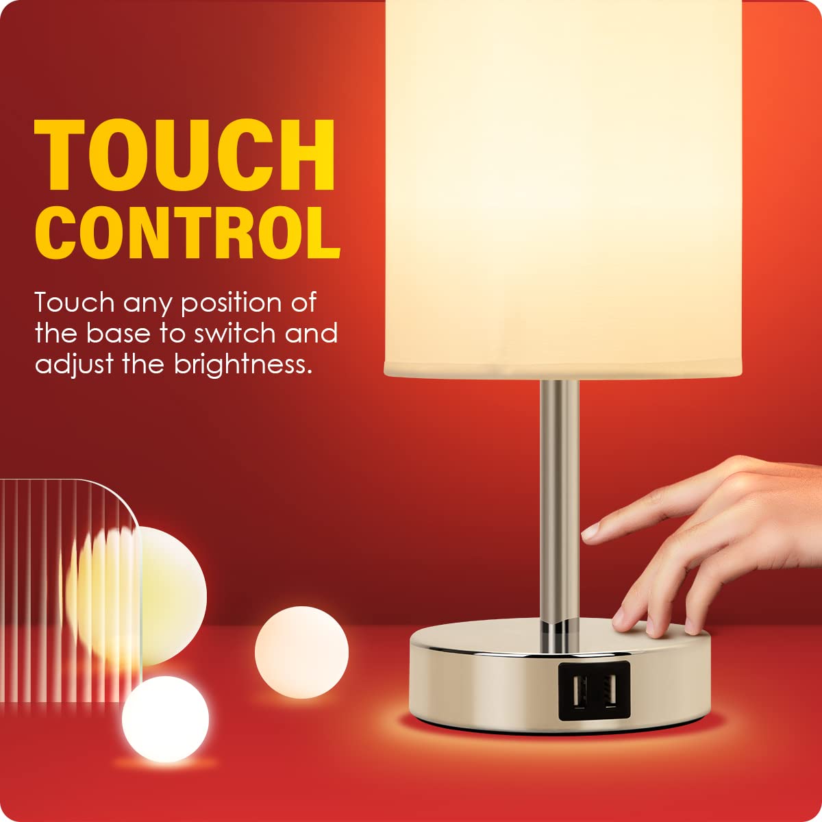 Bedside Lamp with USB Port - Touch Control Table Lamp for Bedroom 3 Way Dimmable Nightstand Lamp with Round White Fabric Shade for Living Room, Dorm, Home Office (LED Bulb Included)