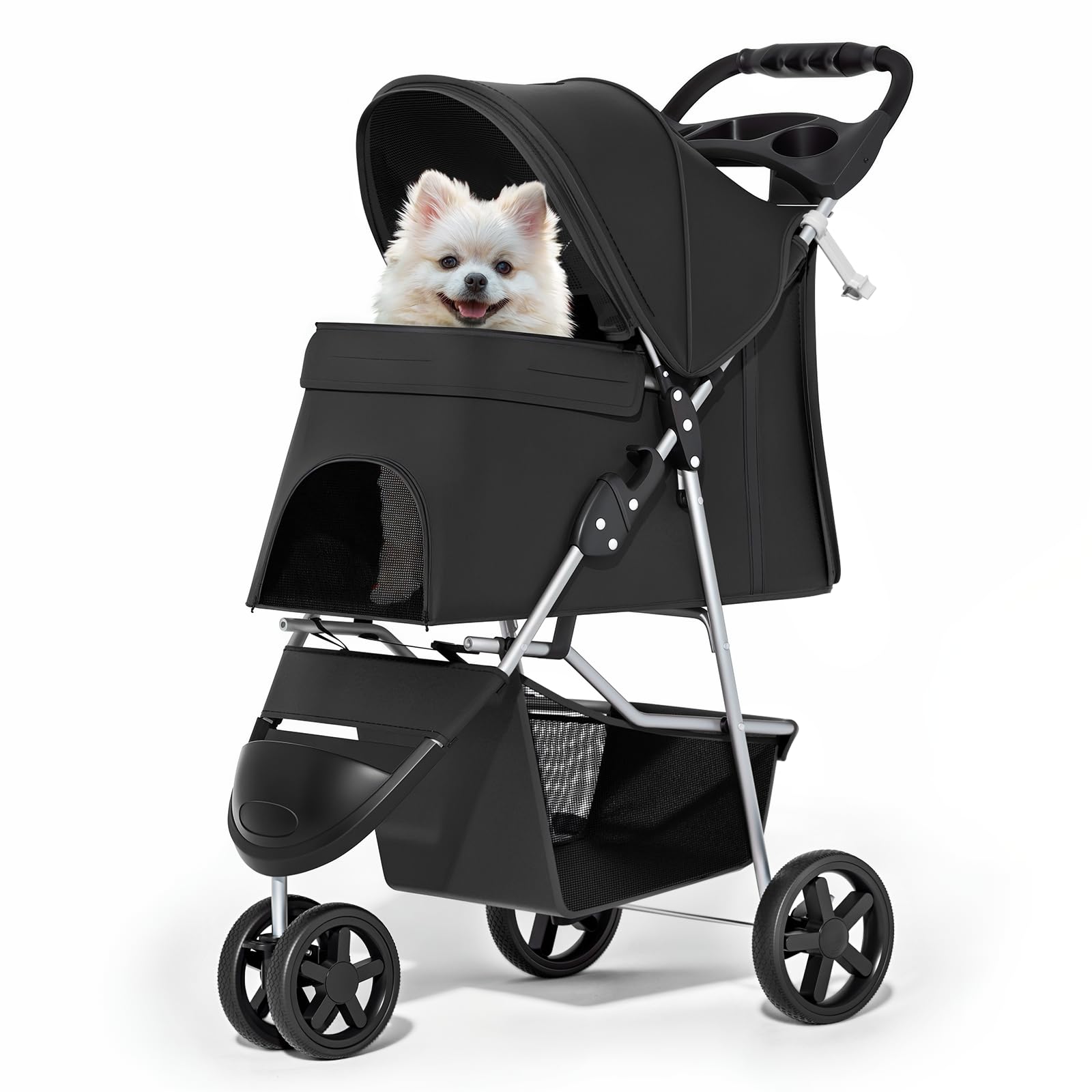 Foldable Pet Stroller with Weather Cover, 3 Wheels Pet Strolling Cart for Small/Medium Dogs and Cats with Storage Basket and Cup Holder, Breathable and Visible Mesh for All-Season, Black