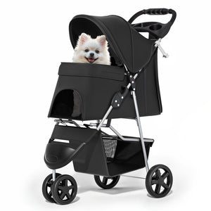 Foldable Pet Stroller with Weather Cover, 3 Wheels Pet Strolling Cart for Small/Medium Dogs and Cats with Storage Basket and Cup Holder, Breathable and Visible Mesh for All-Season, Black