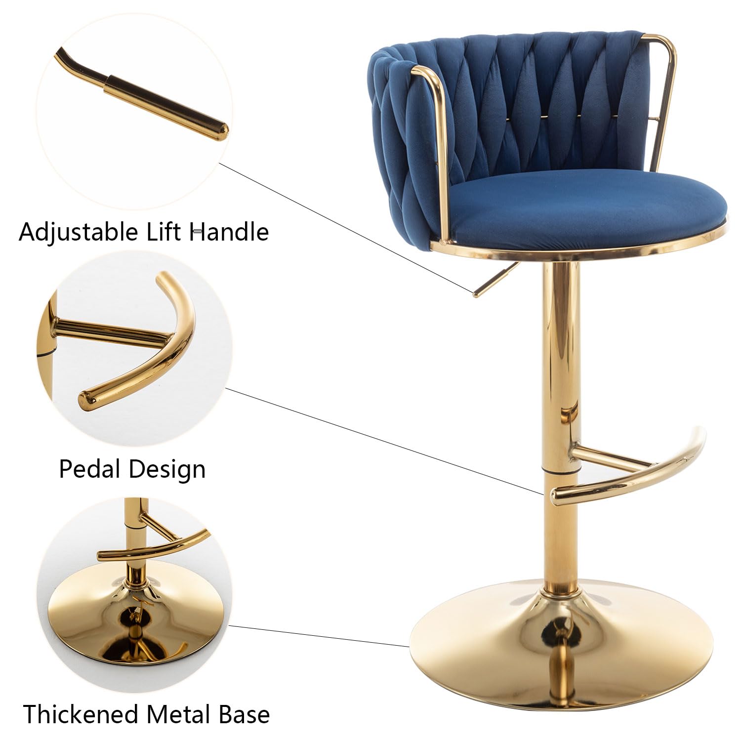 Gold Velvet Bar Stools Set of 2, Swivel Counter Height Bar Stools with Back, Adjustable Woven Barstools for Kitchen Island, Pub, Club (Blue)