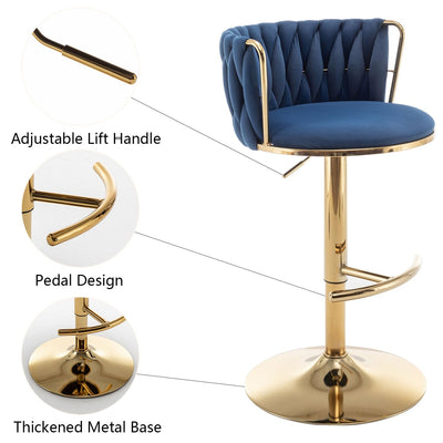 Gold Velvet Bar Stools Set of 2, Swivel Counter Height Bar Stools with Back, Adjustable Woven Barstools for Kitchen Island, Pub, Club (Blue)