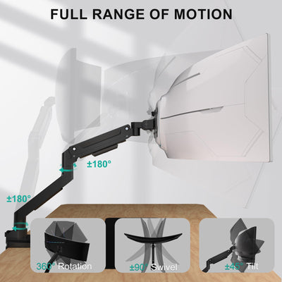 Ultrawide Single Monitor Arm for 13-49 Inch Heavy Duty 1000R Curved Screens, up to 44 Lbs, Adjustable Single Monitor Desk Mount with C-Clamp, Grommet Base, 75/100mm VESA Mount (GSM001XL), Black