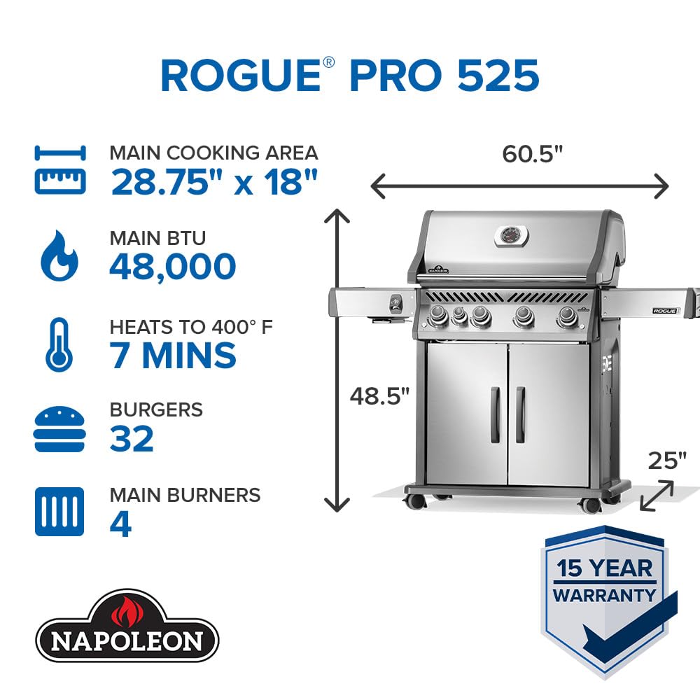 Rogue PRO 525 Natural Gas Grill with Infrared Side Burner, Stainless Steel, Durable 5-Burner Gas Grill