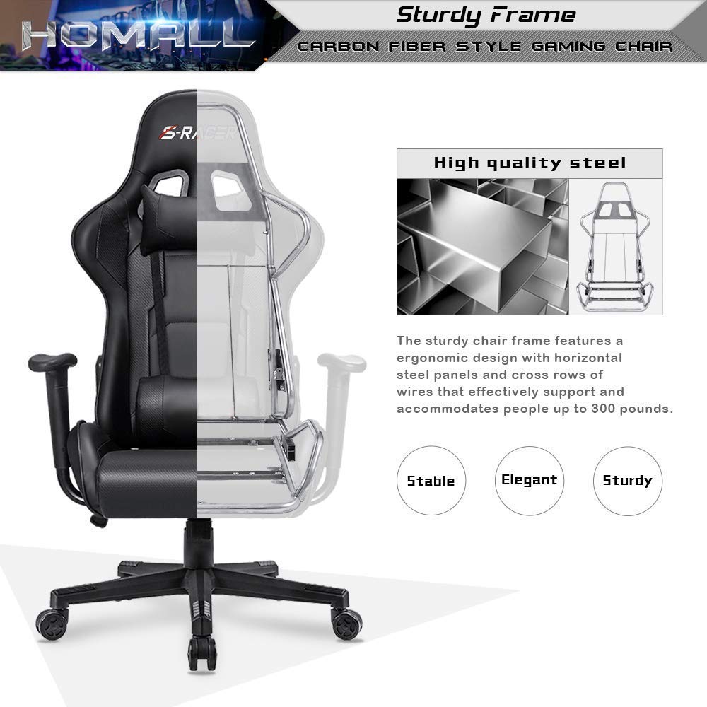 Gaming Chair, Office Chair High Back Computer Chair Leather Desk Chair Racing Executive Ergonomic Adjustable Swivel Task Chair with Headrest and Lumbar Support (Dark Black)