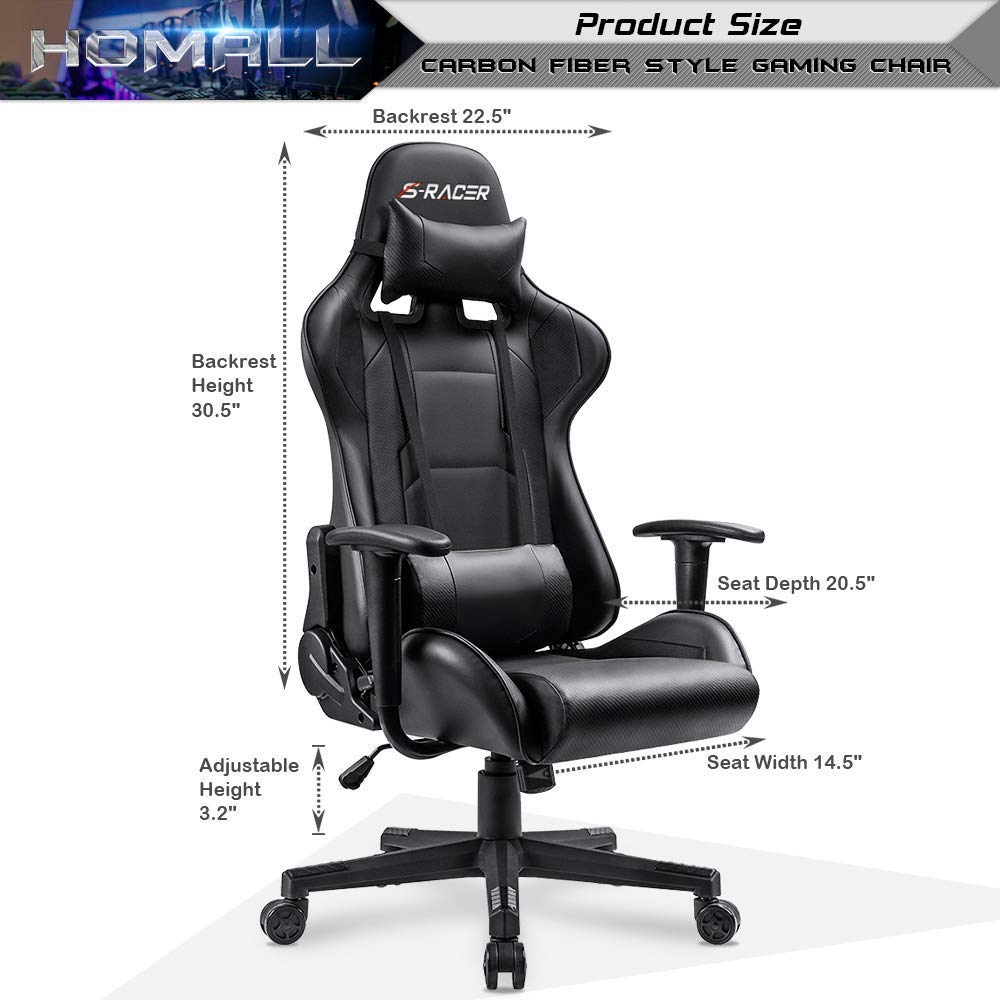 Gaming Chair, Office Chair High Back Computer Chair Leather Desk Chair Racing Executive Ergonomic Adjustable Swivel Task Chair with Headrest and Lumbar Support (Dark Black)