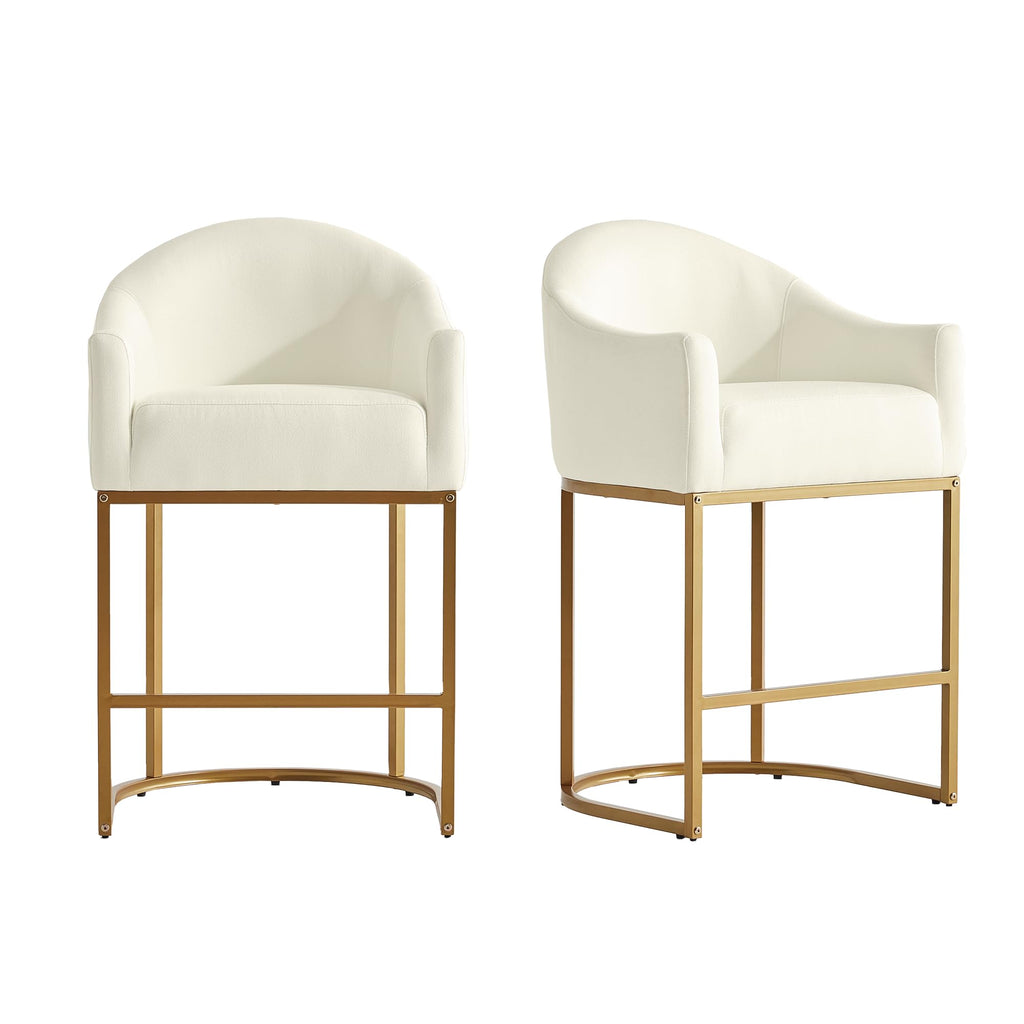 Counter Height Bar Stools Set of 2,Modern Counter Height Bar Stools,Fabric Upholstered Barrel Barstools with Backs,26'' Kitchen Island Chairs,Metal Gold Frames,Off White Linen