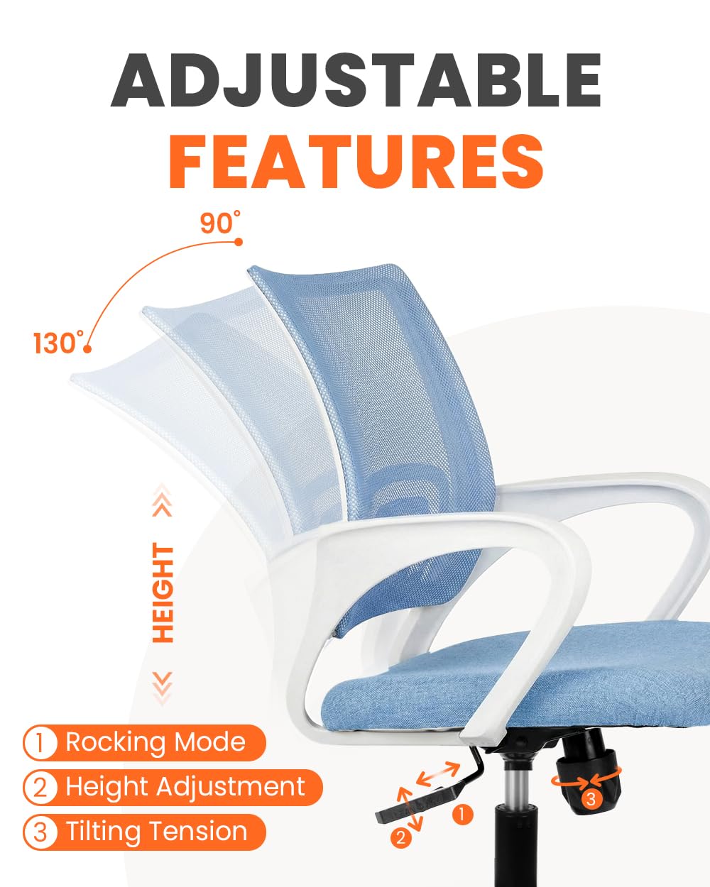 Office Desk Computer Chair Ergonomic Mesh Gaming Cushion Seat with Comfy Lumbar Mid Back Support Adjustable Height Swivel Rolling Wheels for Home Task (Sky Blue)