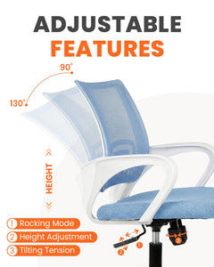 Office Desk Computer Chair Ergonomic Mesh Gaming Cushion Seat with Comfy Lumbar Mid Back Support Adjustable Height Swivel Rolling Wheels for Home Task (Sky Blue)