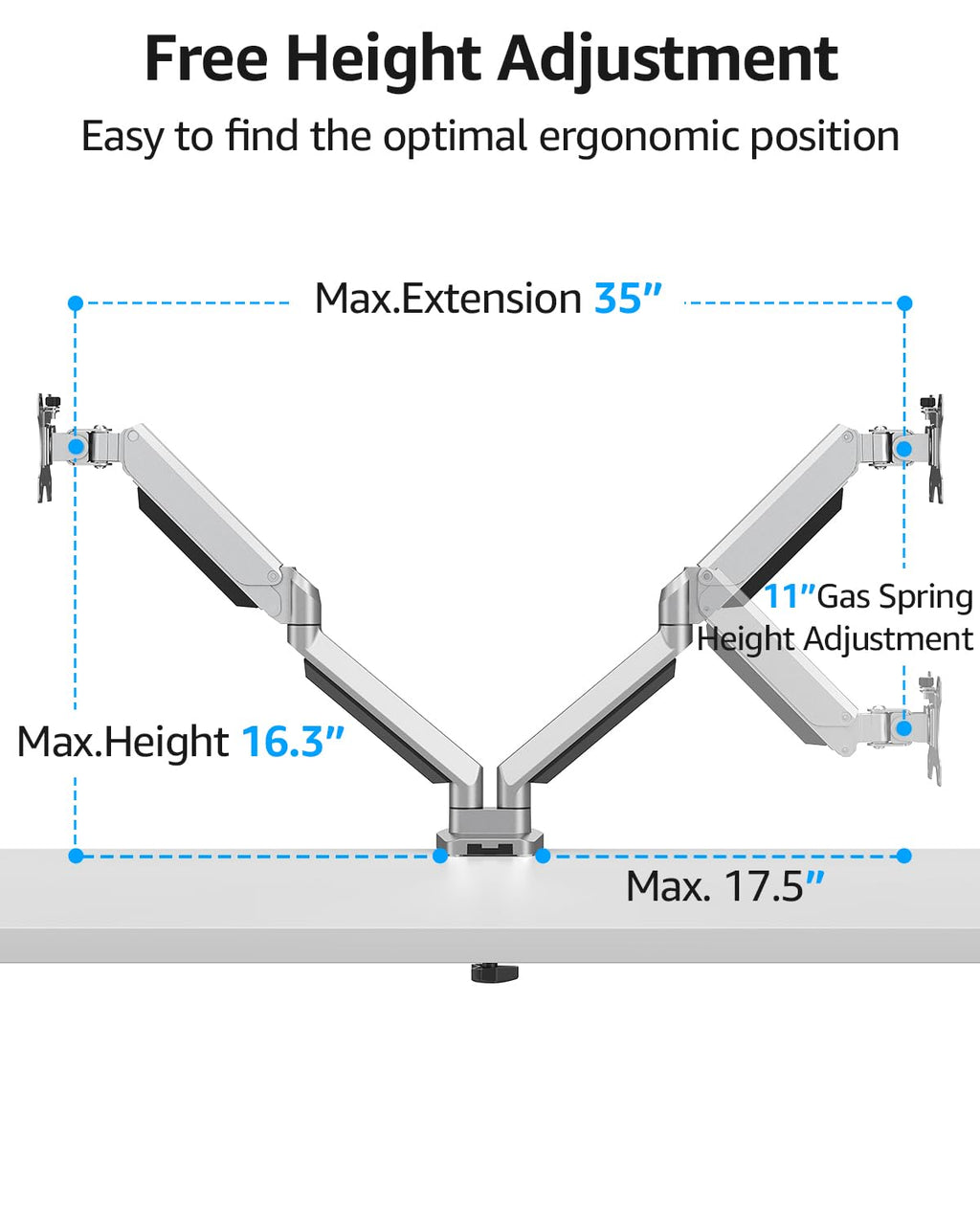 Dual Monitor Desk Mount, Die-Cast Aluminum Fully Adjustable Double Monitor Arm, Computer Monitor Stand Fits 2 Screen 17 to 32 inch - Each Arm Holds 4.4-19.8LBS