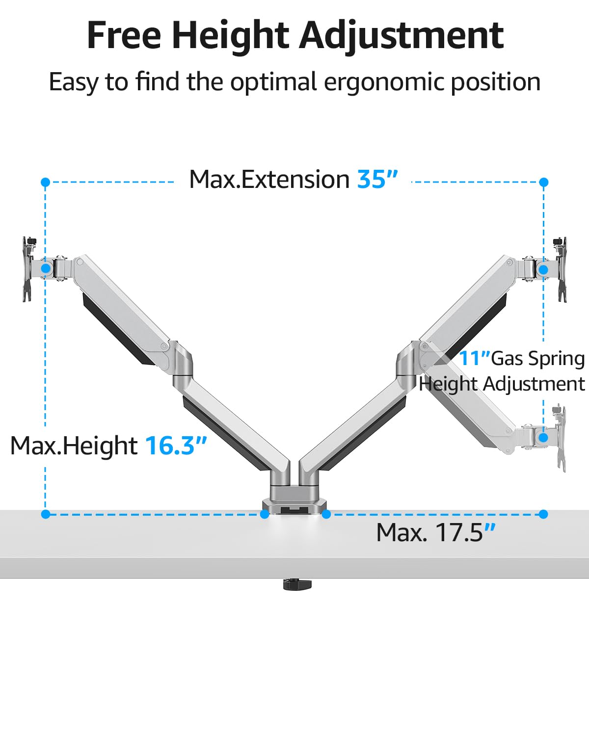 Dual Monitor Desk Mount, Die-Cast Aluminum Fully Adjustable Double Monitor Arm, Computer Monitor Stand Fits 2 Screen 17 to 32 inch - Each Arm Holds 4.4-19.8LBS