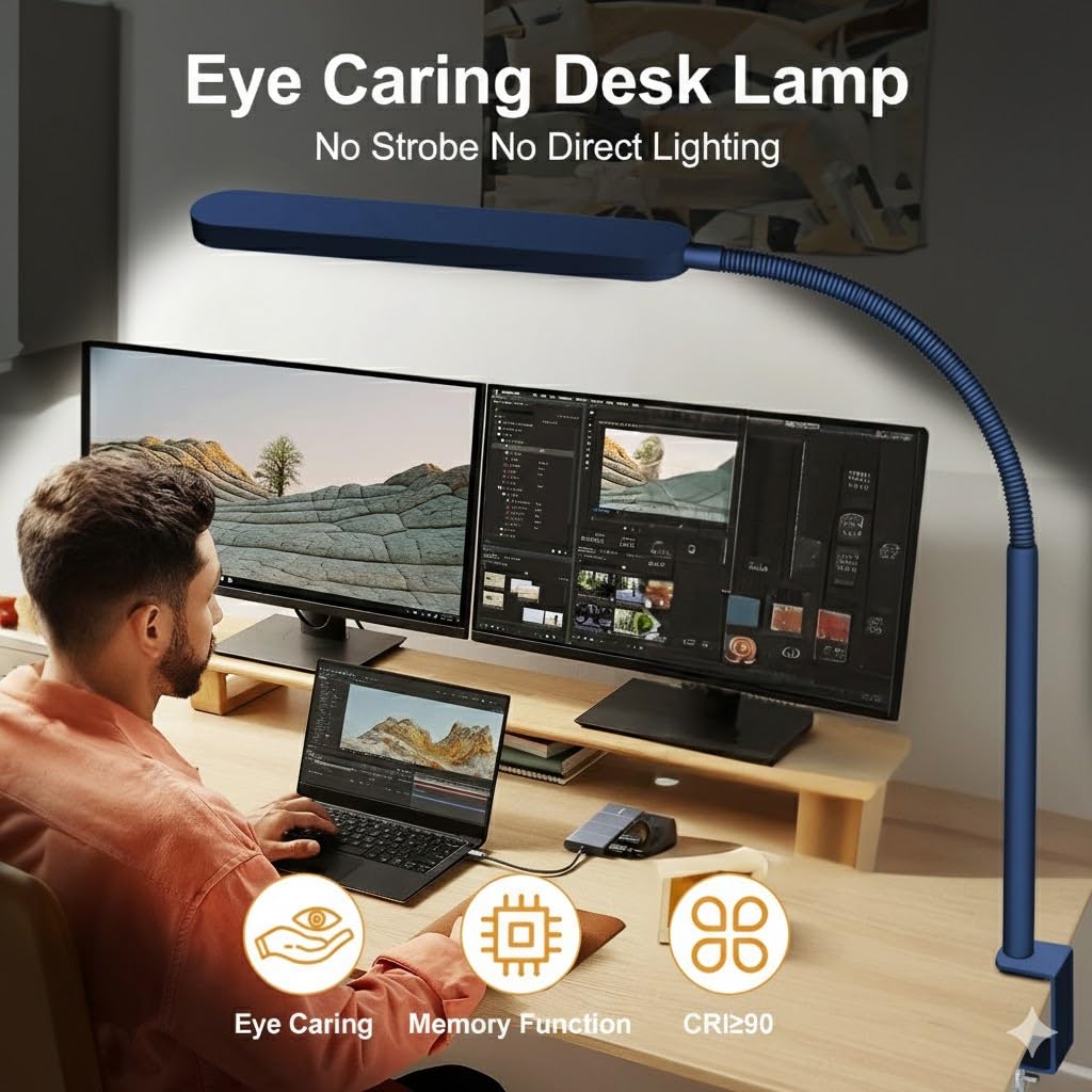 LED Desk Lamp - Desk Light for Home Office - Flexible Gooseneck - 5 Color Modes X 11 Brightness Levels - 1300LM - Timmer & Memory Function - 12W Clip on Light - Blue