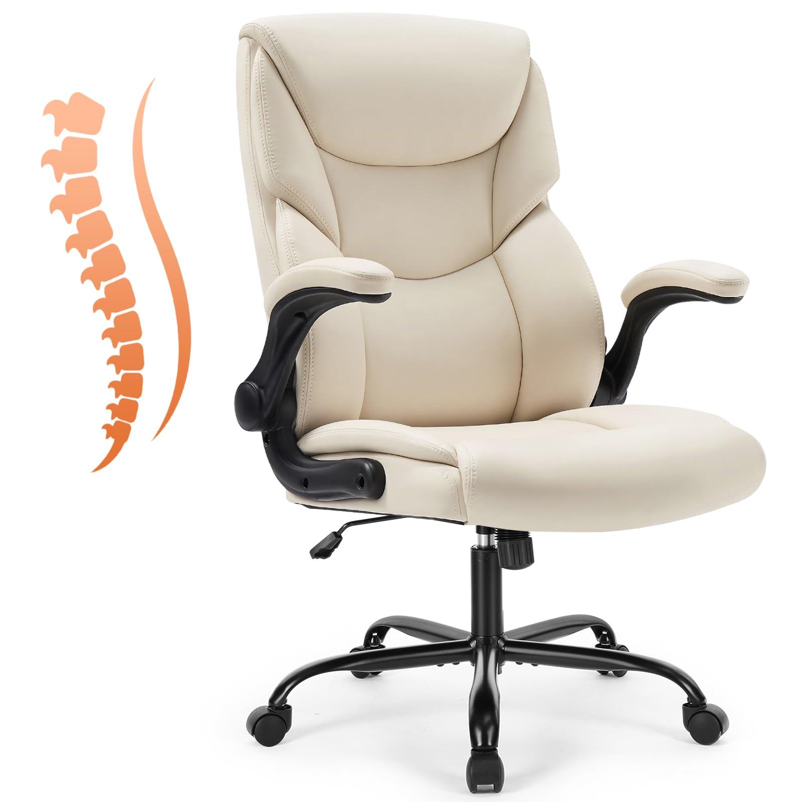 Ergonomic Office Chair - Heavy Duty Task Desk Chair with Flip-up Armrest, PU Leather, Height Adjustable & Swivel Rolling Chair with Wheels, Beige