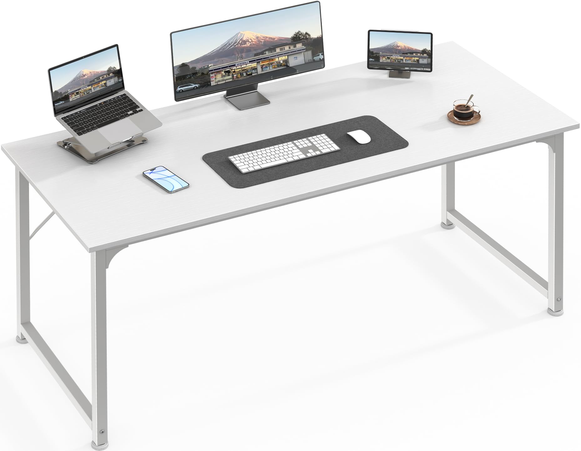 Computer Desk, 55 Inch Home Office Desk, Gaming Writing Work from Home Study Desk, Large Legroom, Sturdy Metal Frame, Modern Simple, White