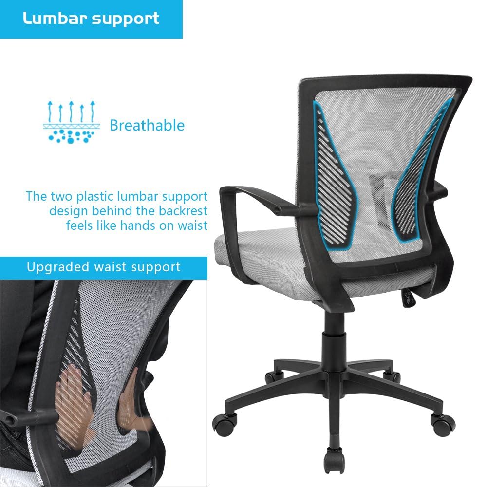 Office Chair Ergonomic Computer Desk Mesh Chair Mid Back Swivel Lumbar Support with Armrest (2, Gray)