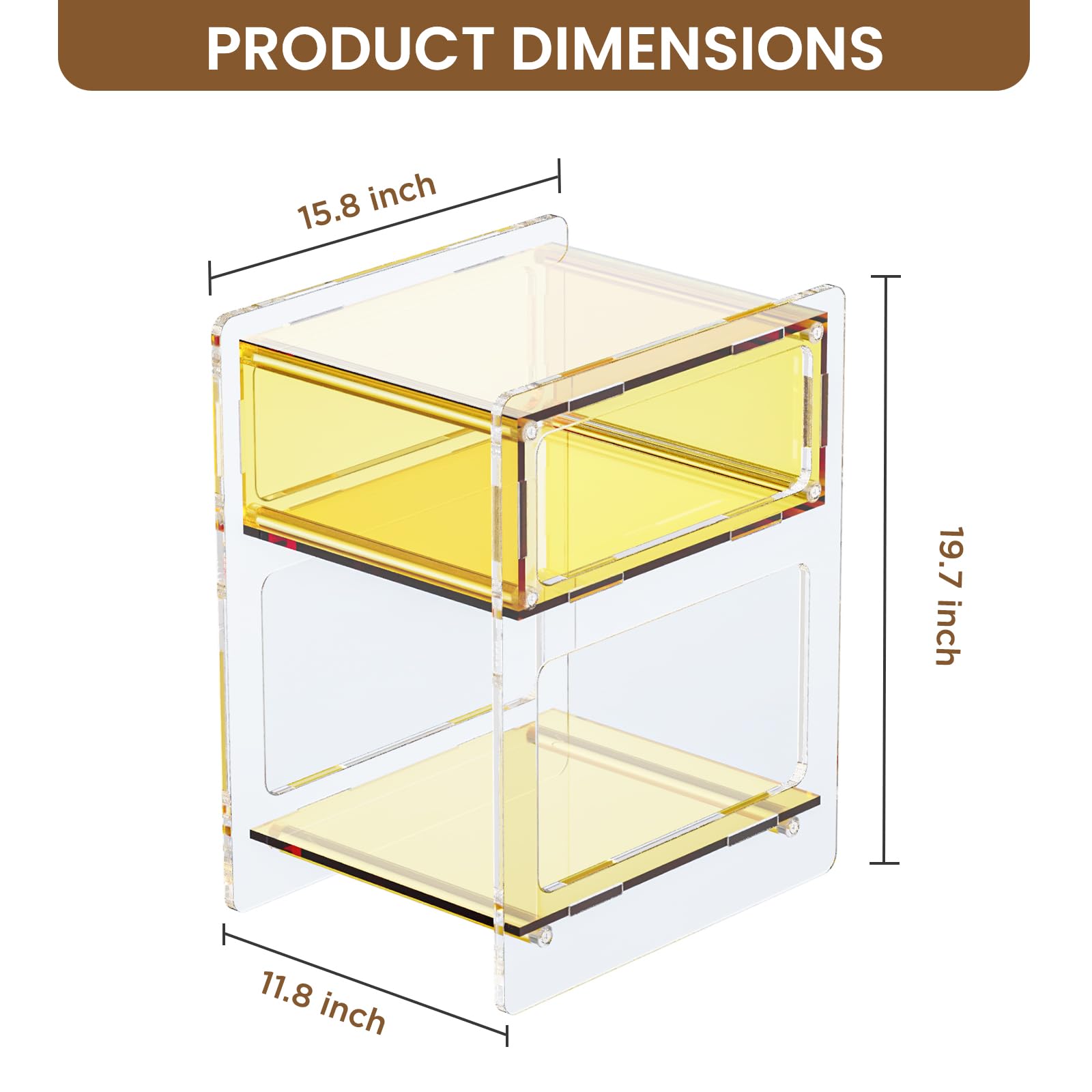 Acrylic Side Table with Storage, Modern Clear Acrylic Nightstand for Bedroom or Living Room, Small Bedside End Table, Stylish Orange Clear Furniture, 15.8" x 11.8" x 19.7"