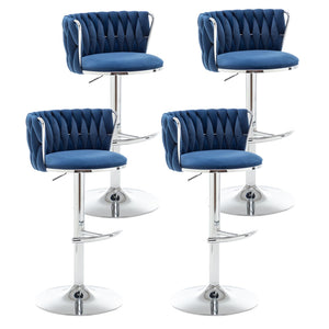 Velvet Bar Stools Set of 4, Swivel Counter Height Bar Stools with Back, Adjustable Woven Barstools for Kitchen Island, Pub, Club (Blue)