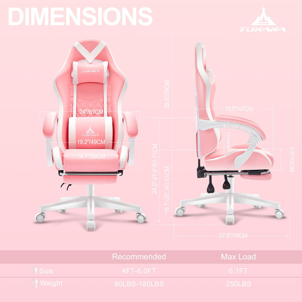 Pink Gaming Chair,Ergonomic Massage Computer Office Desk Chai r with Footrest,Pocket Spring Cushion,Reclining Leather Adjustable Gamer Chair with Headrest and Lumbar Support,Pink